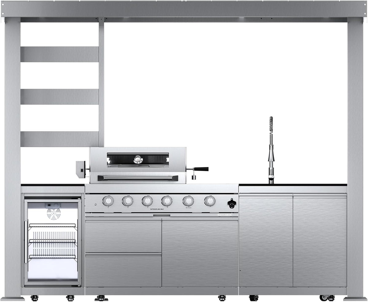 5-Burner Outdoor Kitchen Island with Refrigerator & Rotisserie