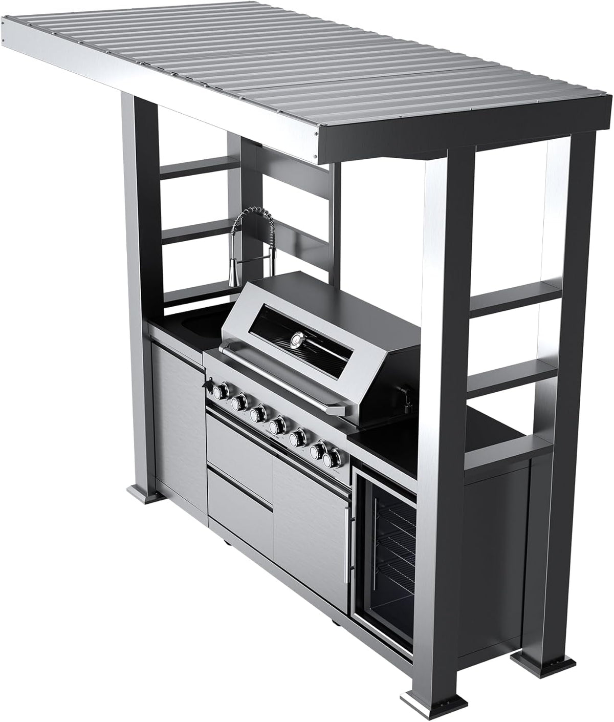 5-Burner Outdoor Kitchen Island with Refrigerator & Rotisserie