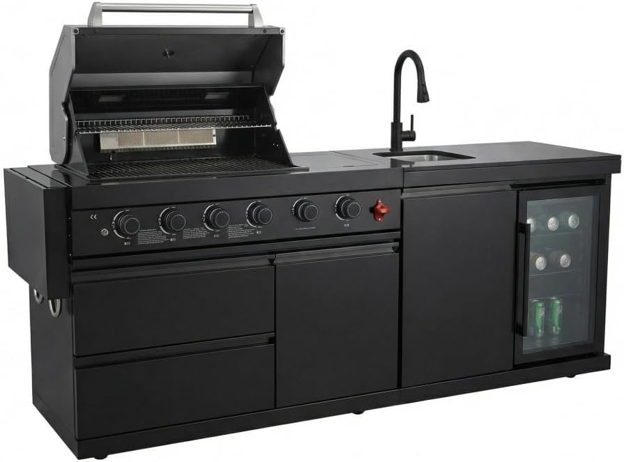 Compact BBQ Outdoor Kitchen Island with Rotisserie