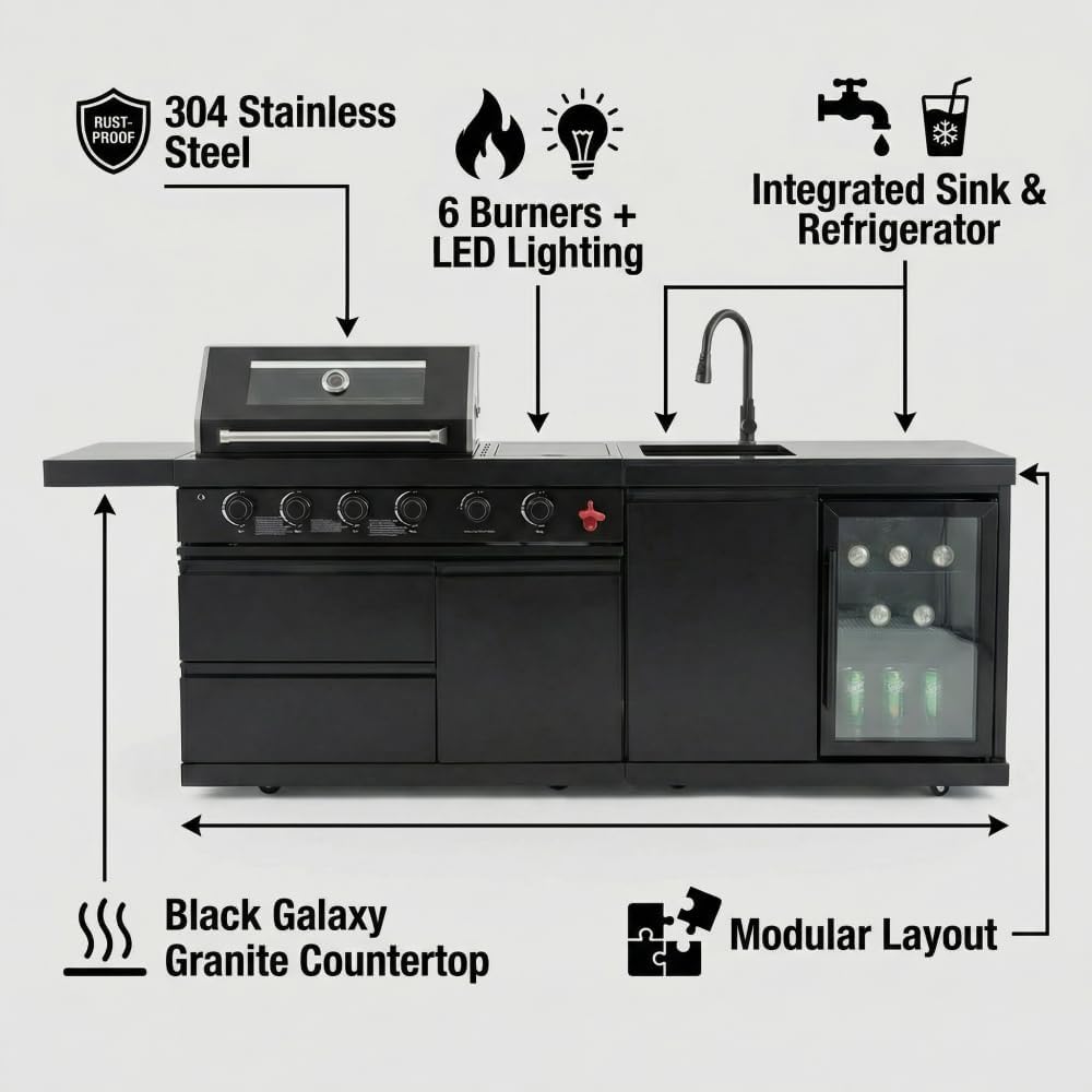 Compact BBQ Outdoor Kitchen Island with Rotisserie