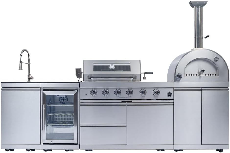 112" Outdoor Kitchen Island Kit with Pizza Oven & Refrigerator