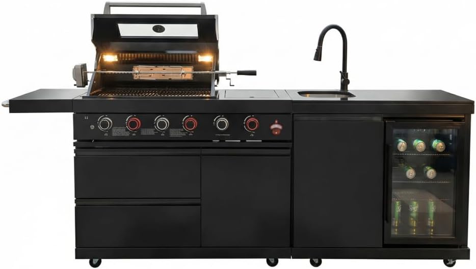 Compact BBQ Outdoor Kitchen Island with Rotisserie