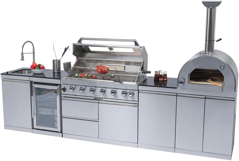 112" Outdoor Kitchen Island Kit with Pizza Oven & Refrigerator