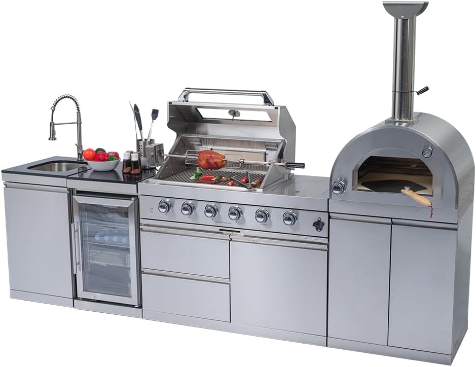112" Outdoor Kitchen Island Kit with Pizza Oven & Refrigerator