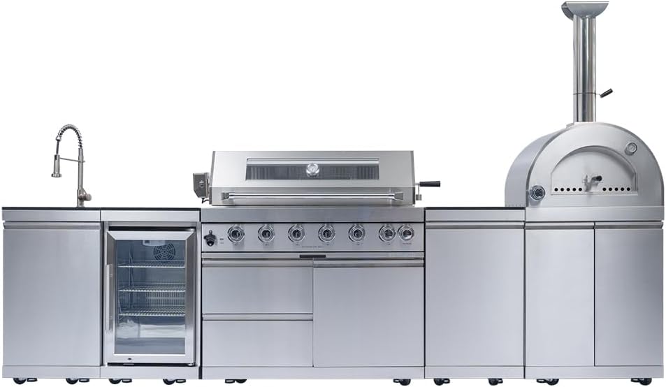 112" Outdoor Kitchen Island Kit with Pizza Oven & Refrigerator