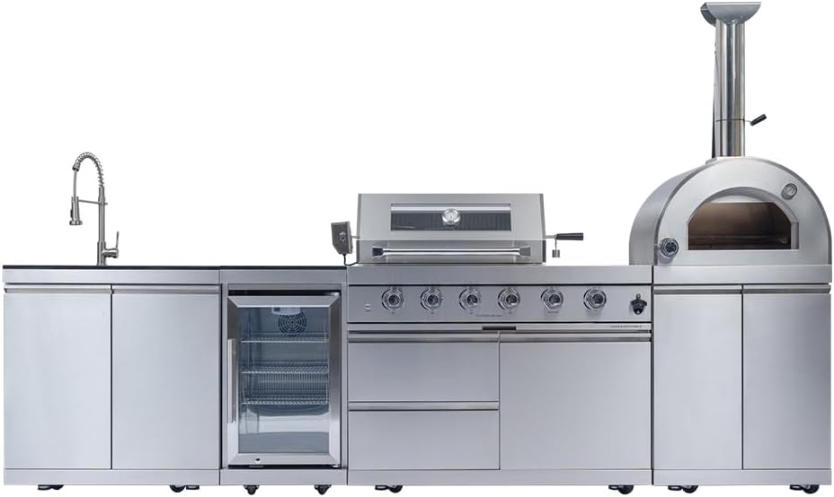112" Outdoor Kitchen Island Kit with Pizza Oven & Refrigerator