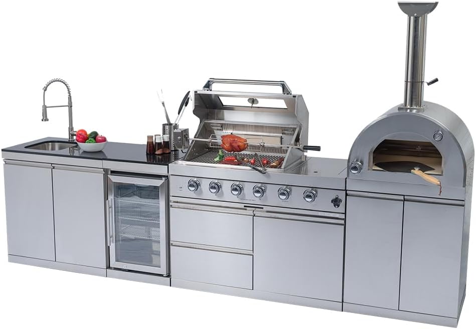 112" Outdoor Kitchen Island Kit with Pizza Oven & Refrigerator