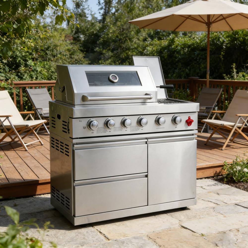 Compact BBQ Outdoor Kitchen Island with Rotisserie