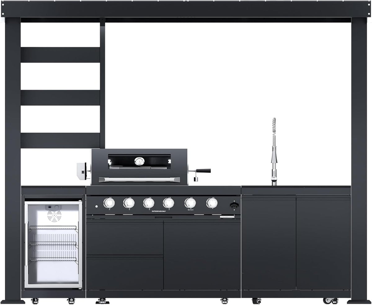 5-Burner Outdoor Kitchen Island with Refrigerator & Rotisserie