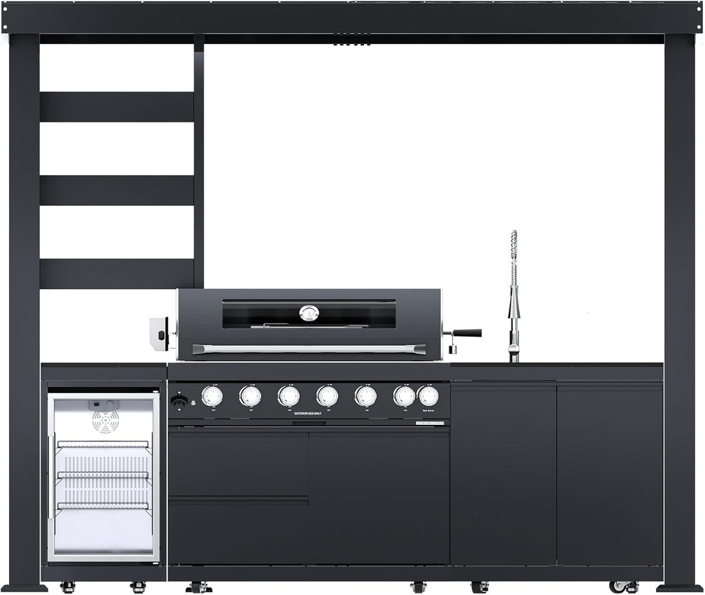 5-Burner Outdoor Kitchen Island with Refrigerator & Rotisserie
