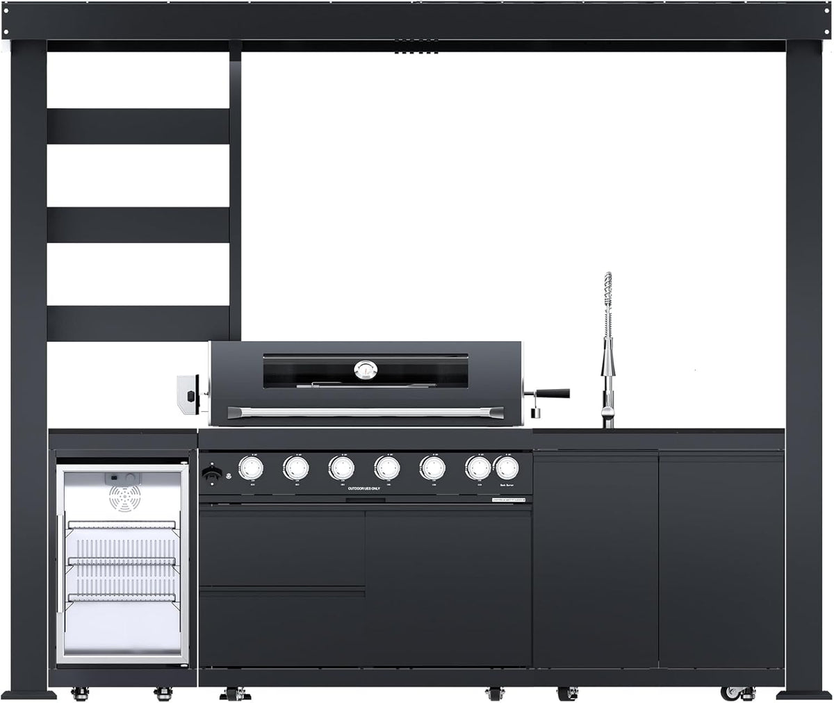 5-Burner Outdoor Kitchen Island with Refrigerator & Rotisserie