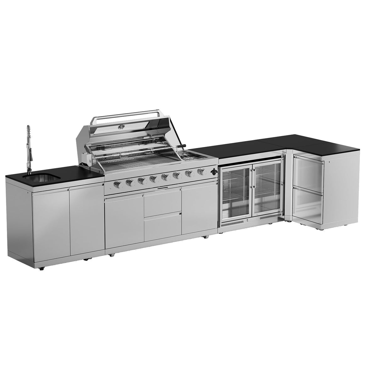 BBQ Outdoor Kitchen Island Grill Barbecue Modular Patio Kitchens Kits with Electric Rotisserie, Sink, fridge, and Burner for More than 15 People