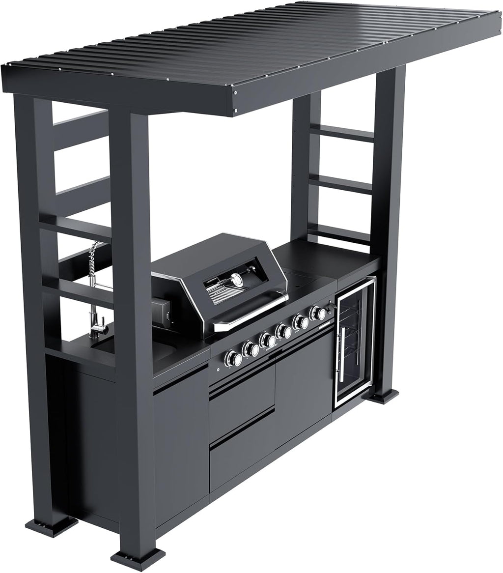 5-Burner Outdoor Kitchen Island with Refrigerator & Rotisserie