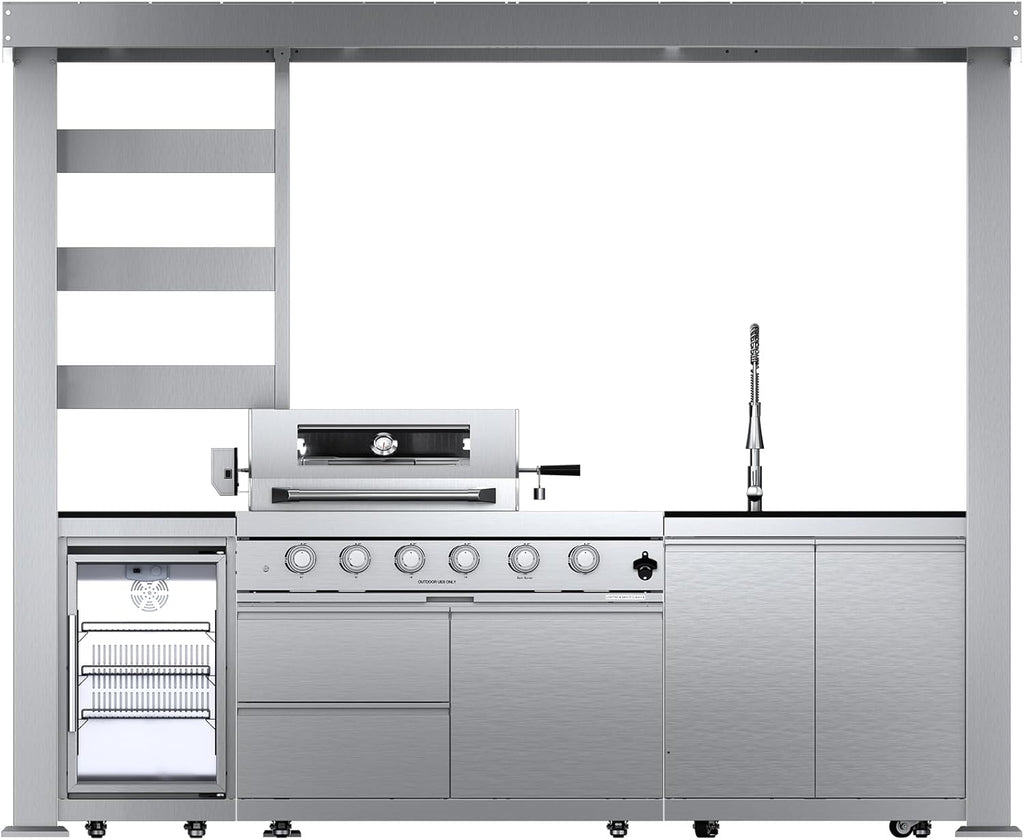 5-Burner Outdoor Kitchen Island with Refrigerator & Rotisserie