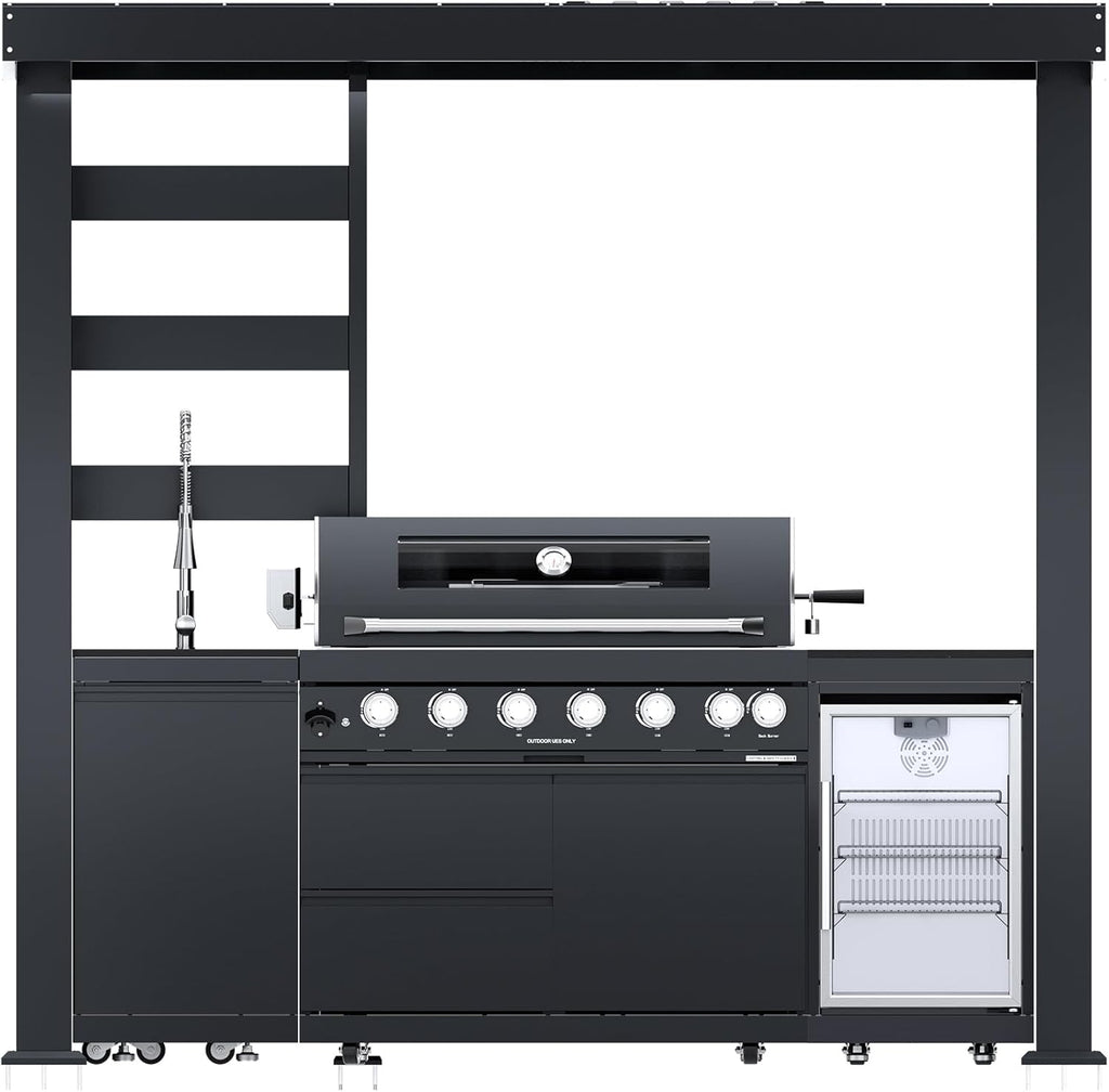 5-Burner Outdoor Kitchen Island with Refrigerator & Rotisserie