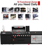BBQ Outdoor Kitchen Island Grill Barbecue Modular Patio Kitchens Kits with Electric Rotisserie, Sink, fridge, and Burner for More than 15 People