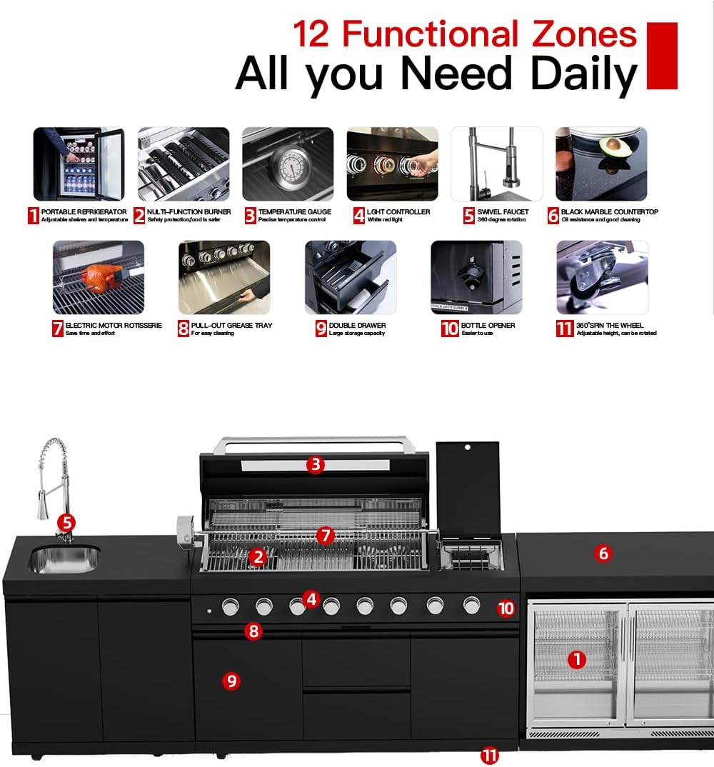 BBQ Outdoor Kitchen Island Grill Barbecue Modular Patio Kitchens Kits with Electric Rotisserie, Sink, fridge, and Burner for More than 15 People