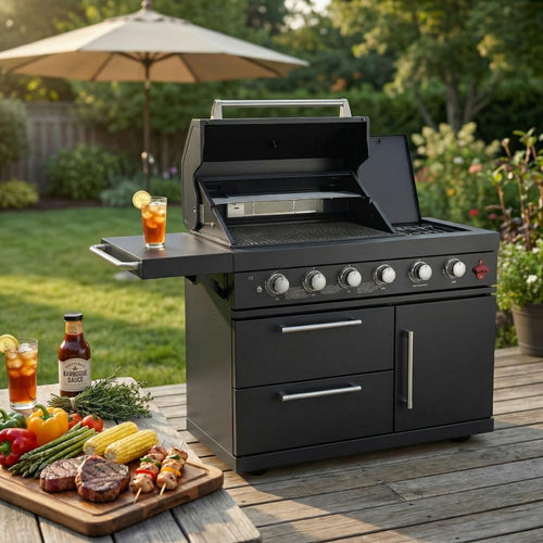 Premium BBQ Outdoor Kitchen Island with Rotisserie, Heavy-Duty Stainless Steel Grill Station, 75300 BTU 6 Burners Cooking Cabinet for Backyard, Patio & Summer Parties (Black,59'')