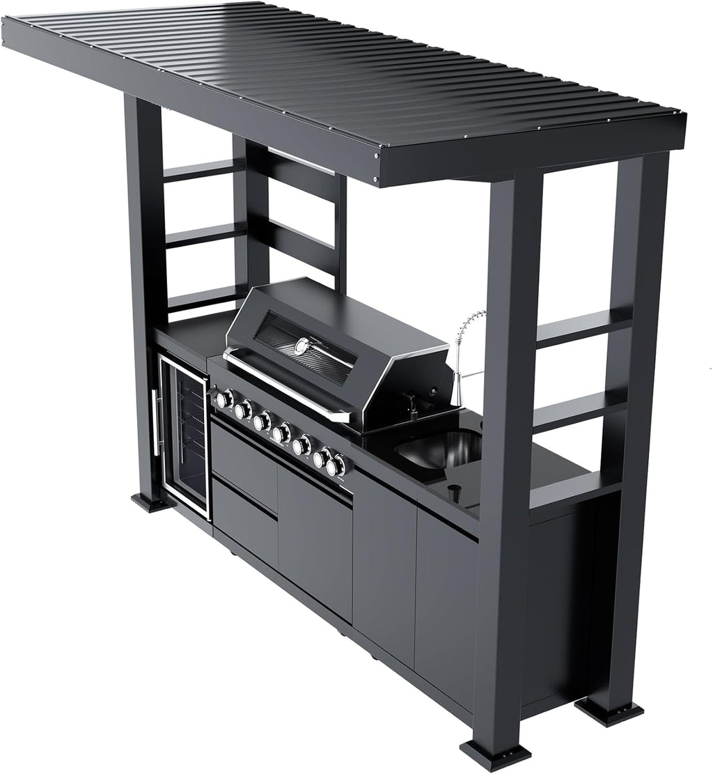 5-Burner Outdoor Kitchen Island with Refrigerator & Rotisserie