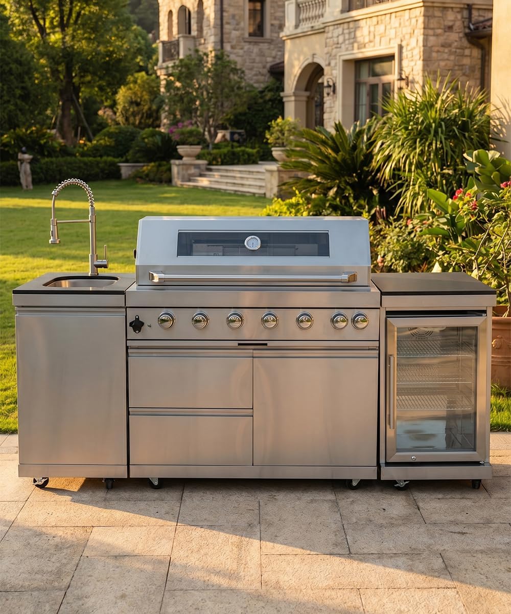 104" Outdoor Kitchen Island with Grill, Refrigerator & Rotisserie