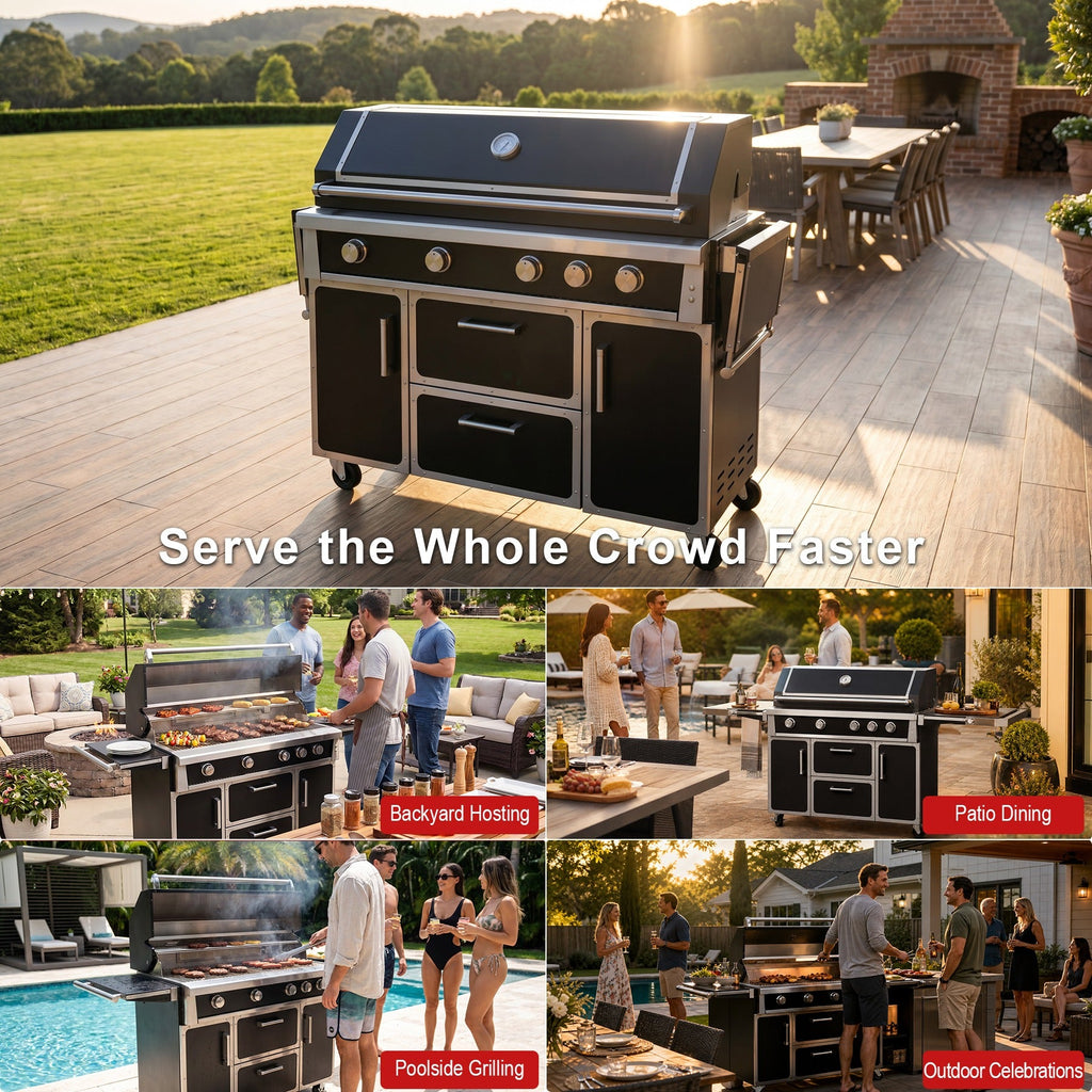 Black outdoor kitchen island grill for backyard hosting and patio dining