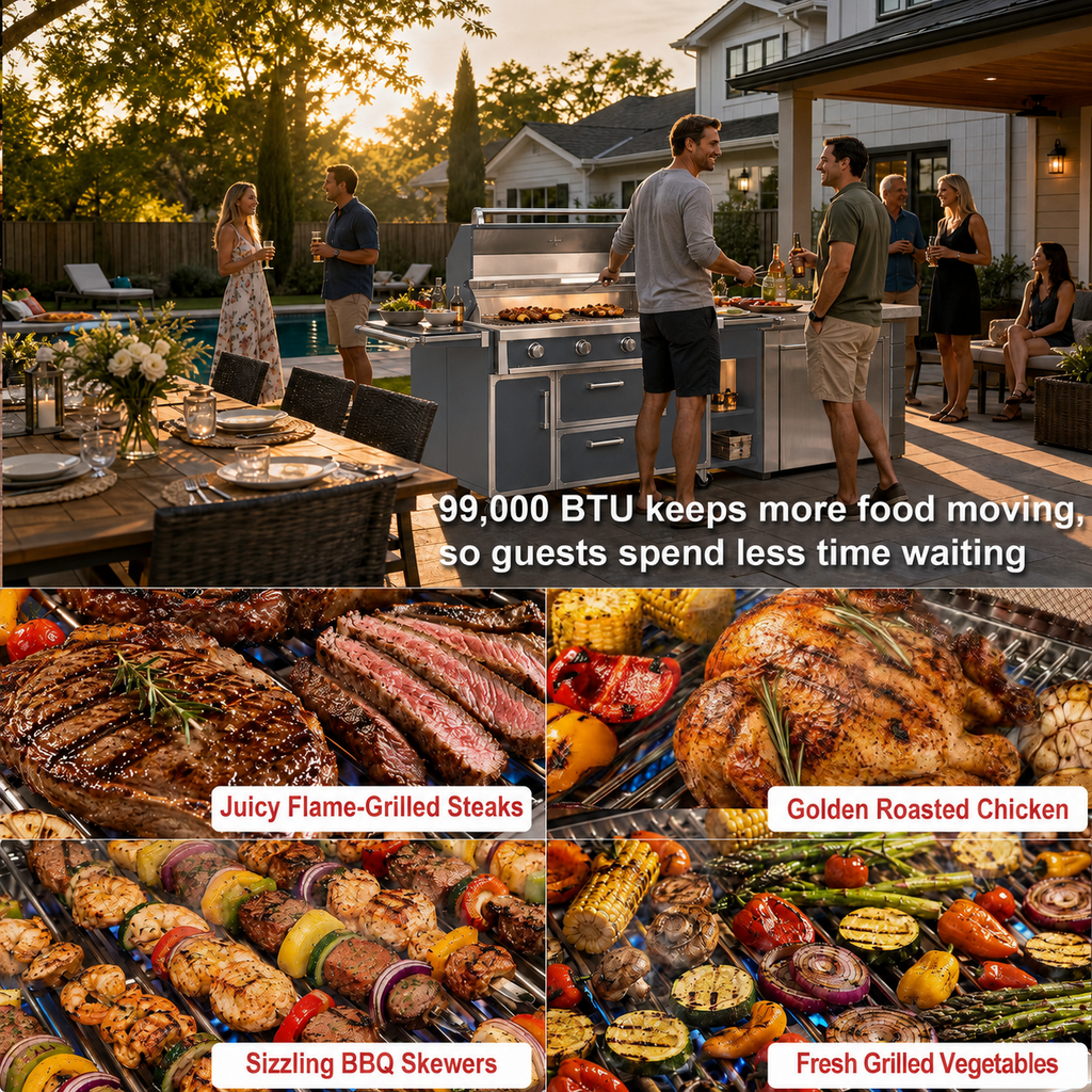 Gray 99,000 BTU outdoor grill cooking performance