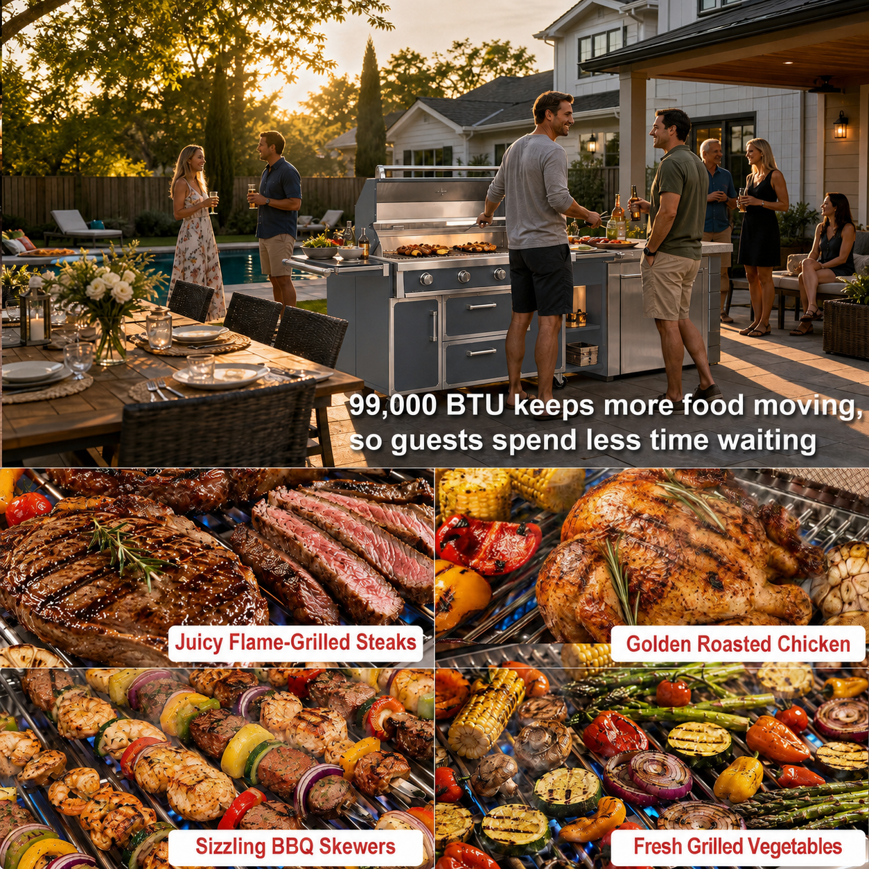Gray 99,000 BTU outdoor grill cooking performance