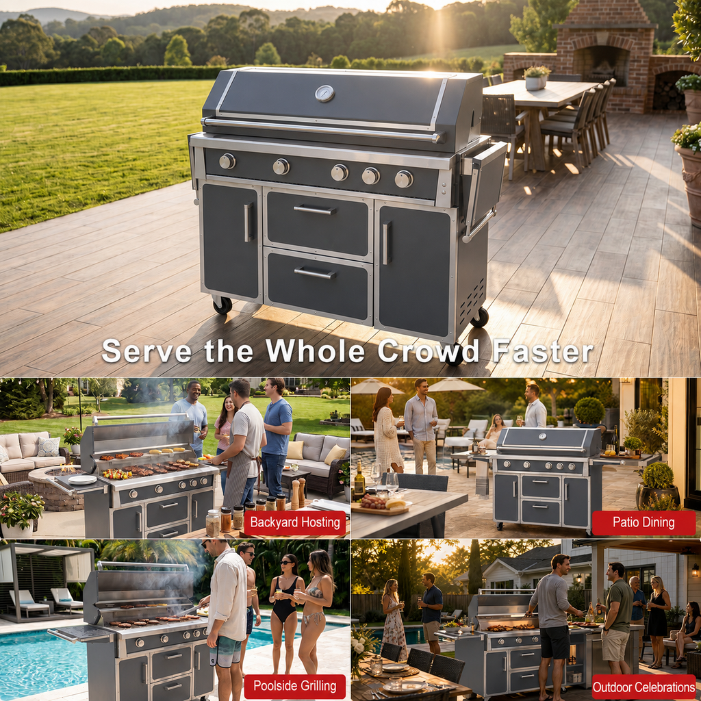 Gray outdoor kitchen island grill for backyard hosting and patio dining