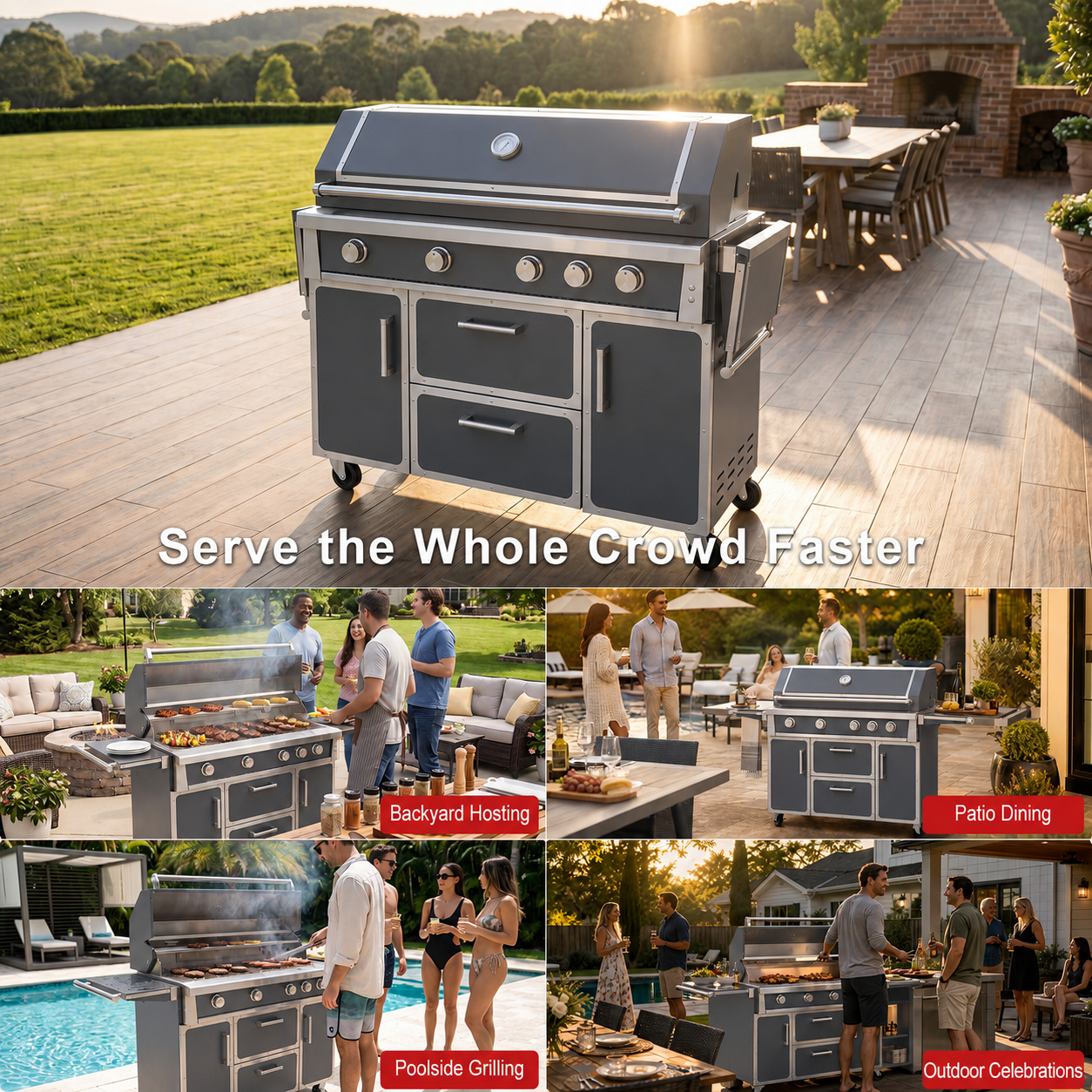 Gray outdoor kitchen island grill for backyard hosting and patio dining