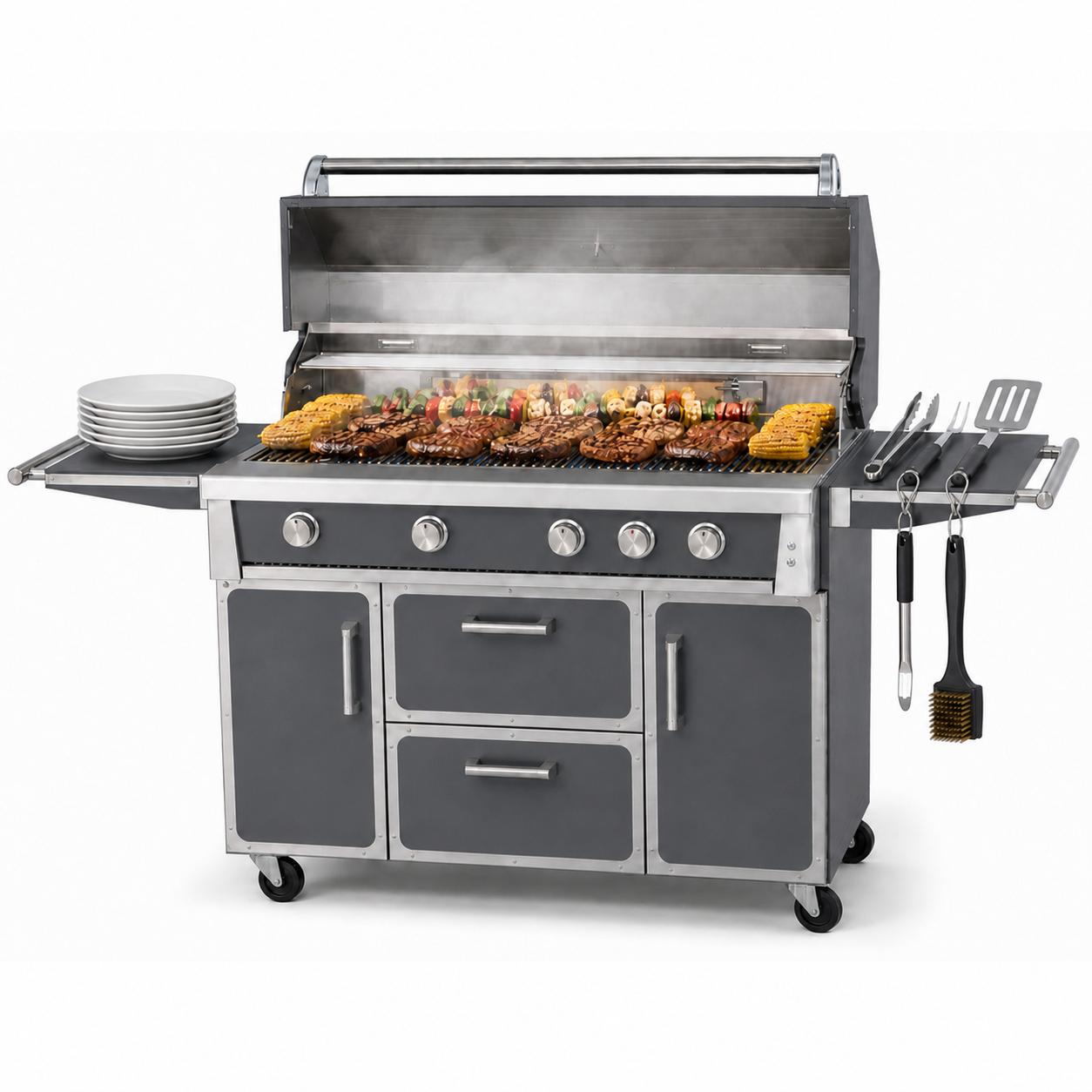 Gray 71-inch outdoor kitchen island grill open-lid main view