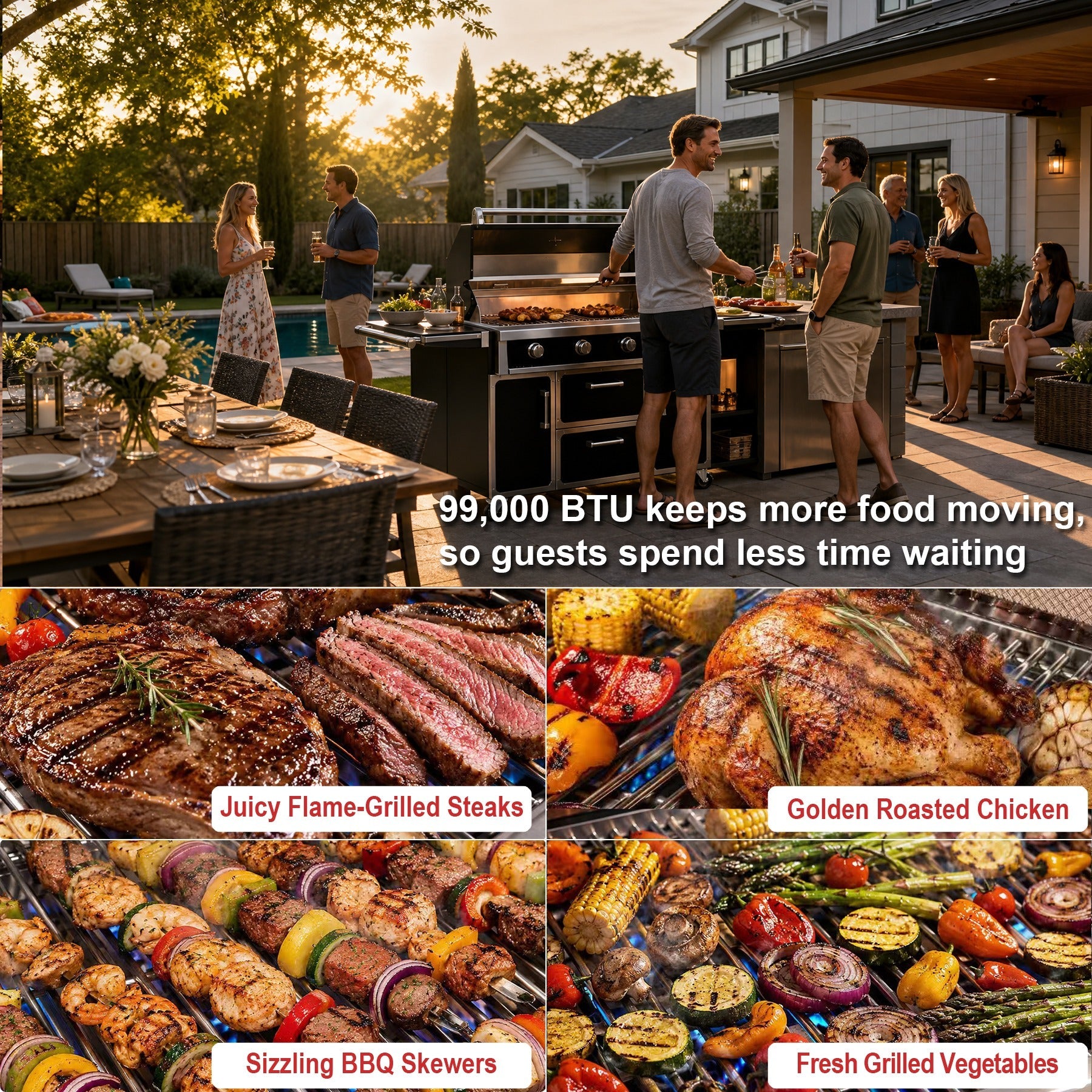99,000 BTU outdoor grill cooking performance