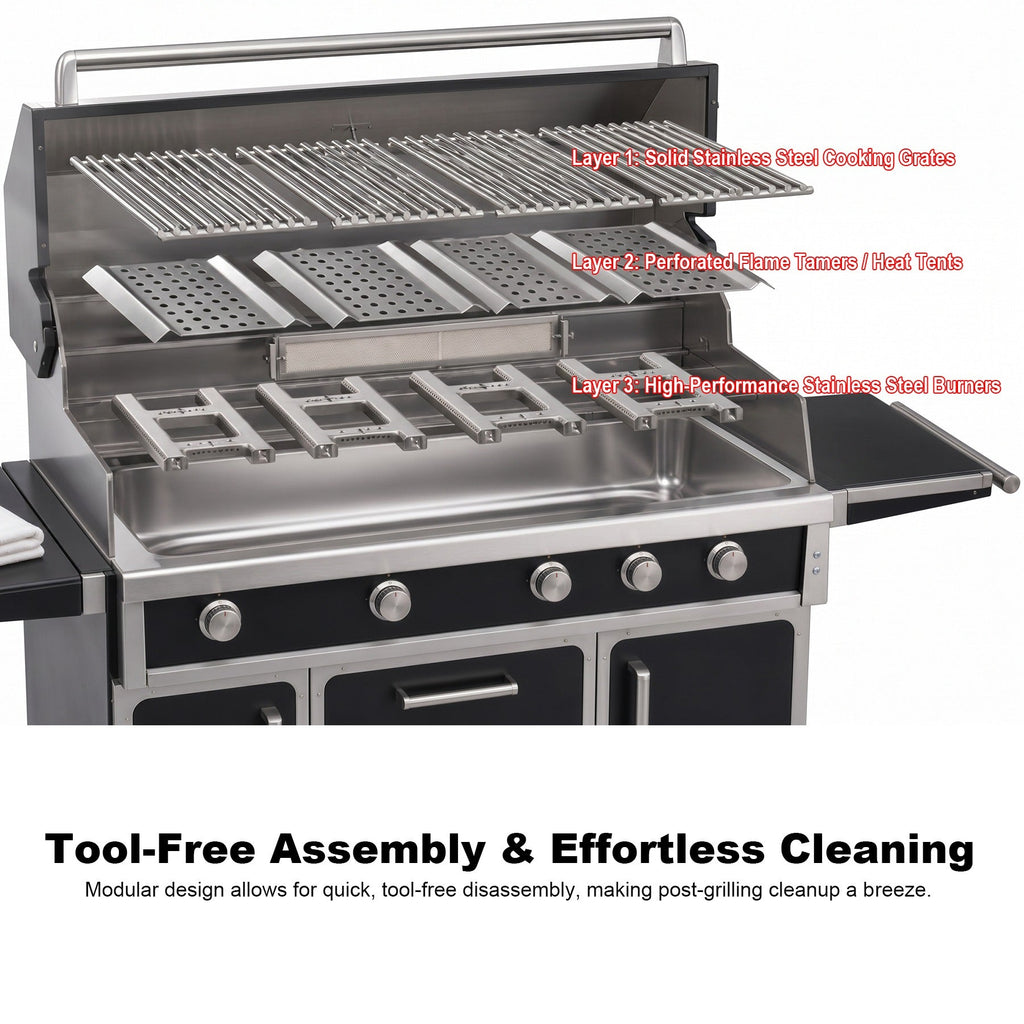 Outdoor grill three-layer burner system and tool-free cleaning
