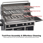 Black outdoor grill three-layer burner system and tool-free cleaning
