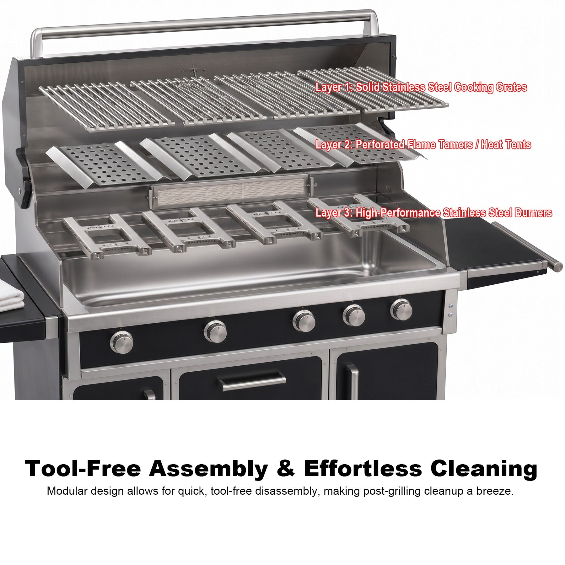 Outdoor grill three-layer burner system and tool-free cleaning