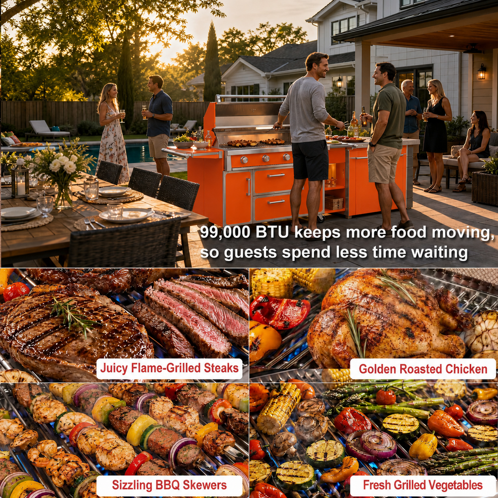 Orange 99,000 BTU outdoor grill cooking performance