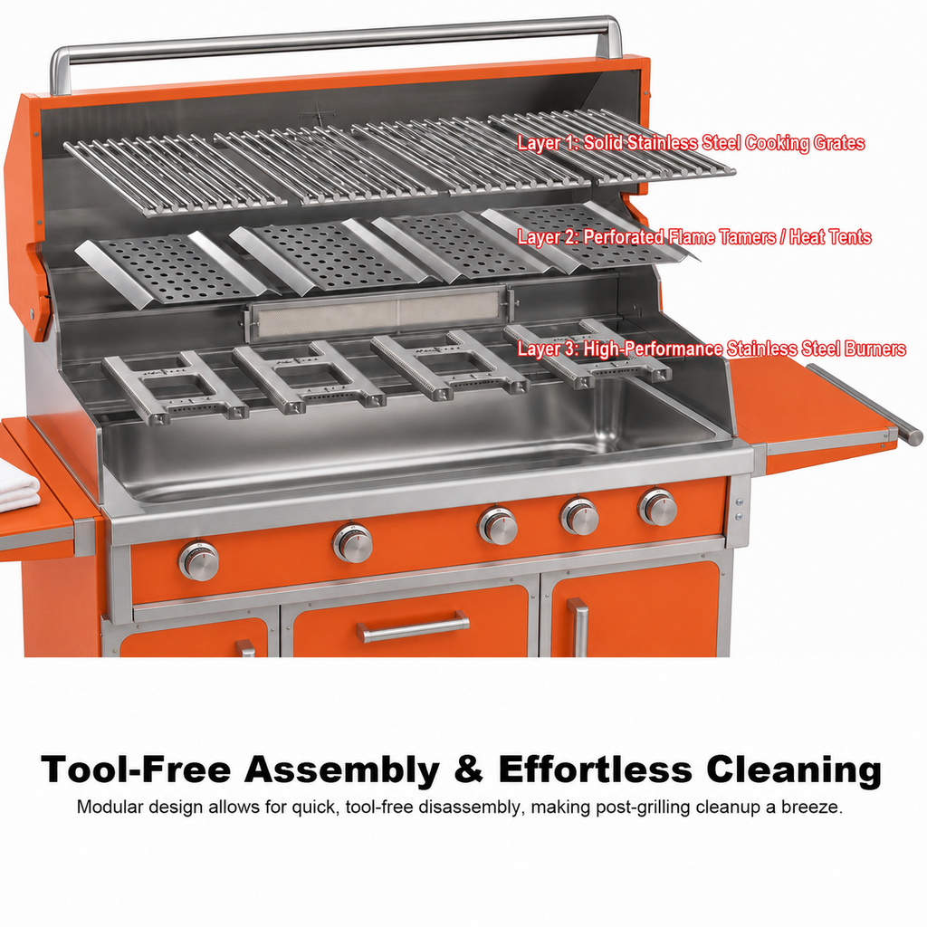 Orange outdoor grill three-layer burner system and tool-free cleaning