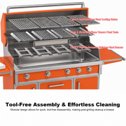 Orange outdoor grill three-layer burner system and tool-free cleaning