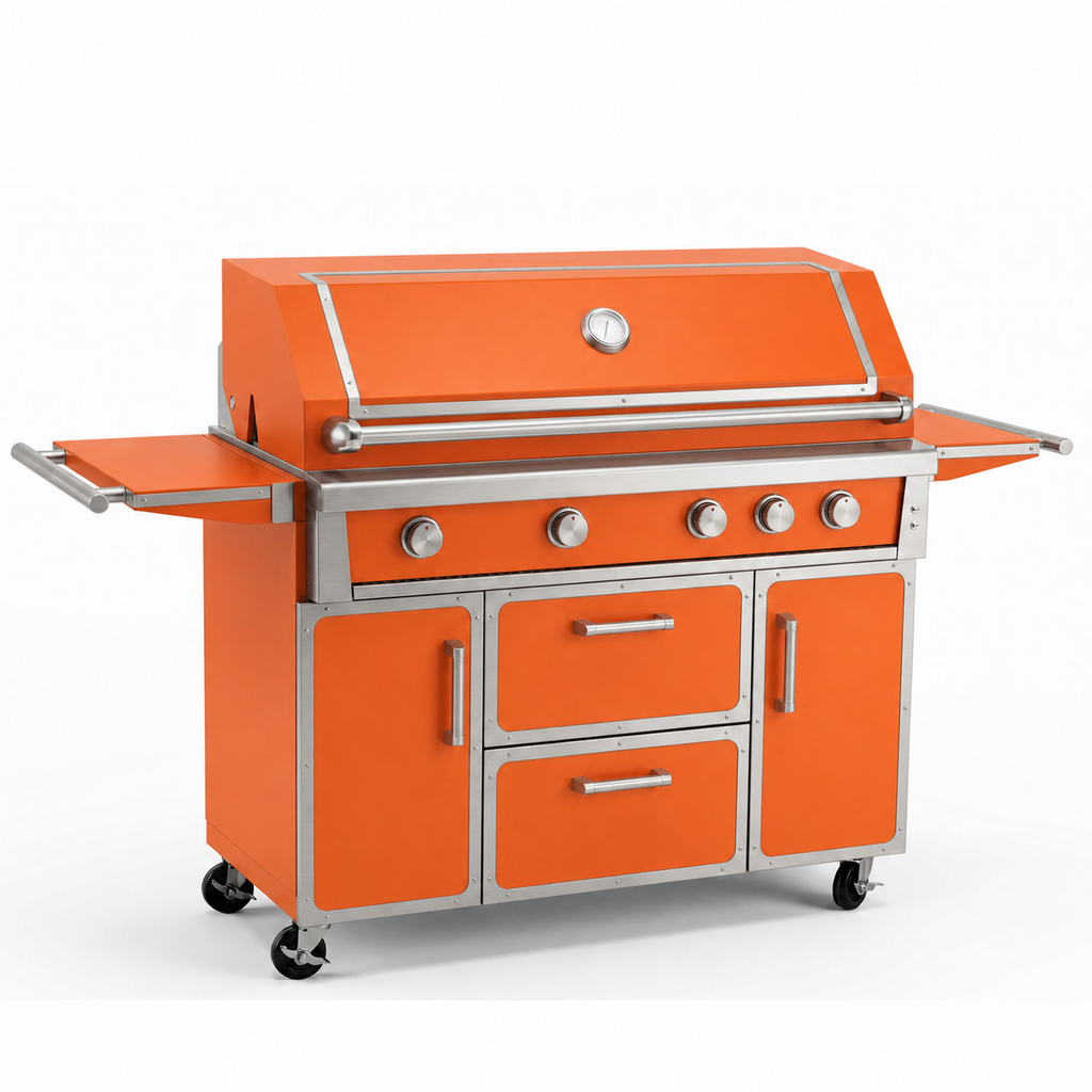 Orange outdoor kitchen island grill closed-lid front view