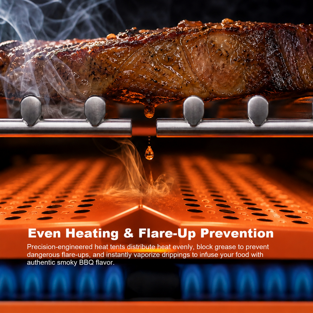 Orange outdoor grill even heating and flare-up prevention