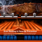 Orange outdoor grill even heating and flare-up prevention