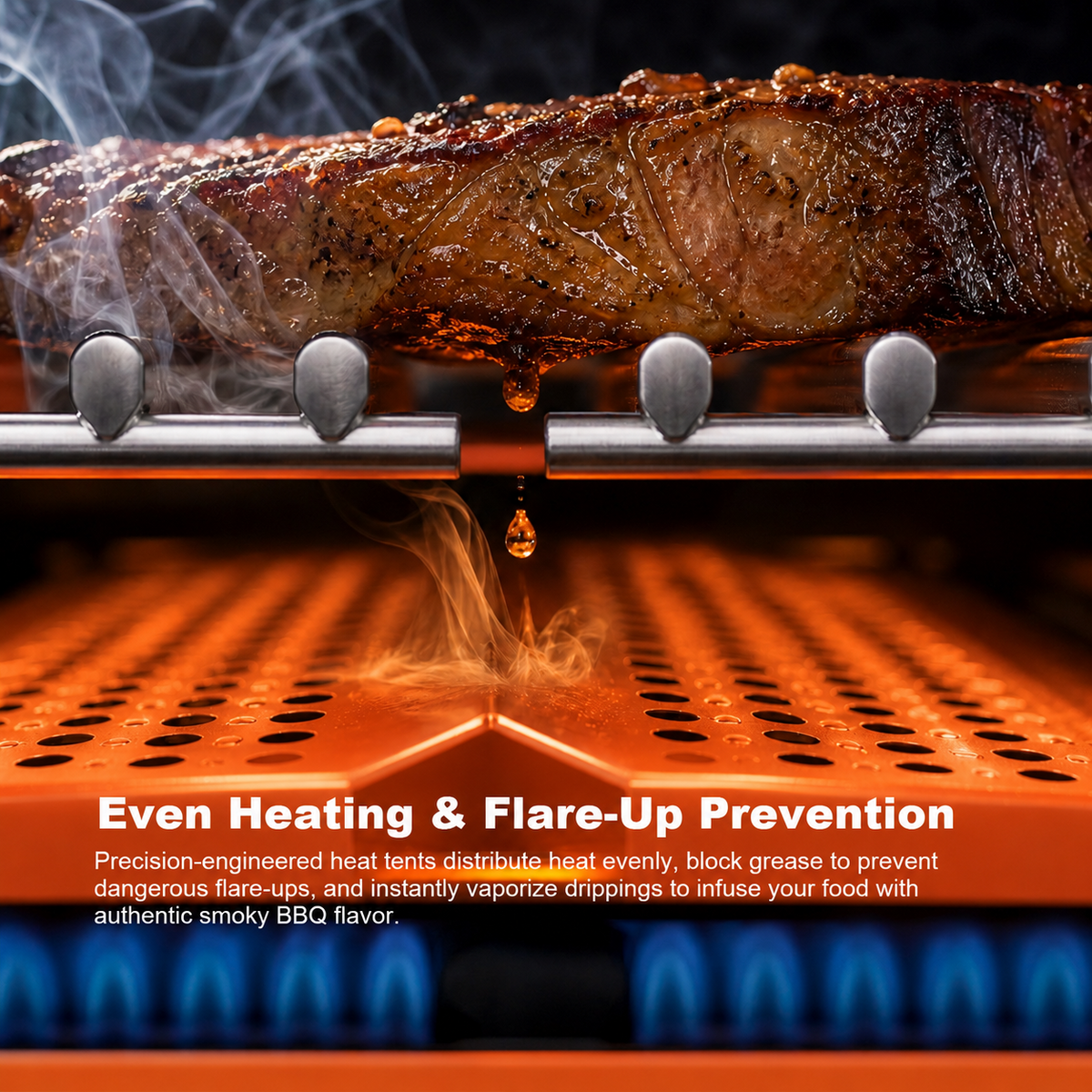 Orange outdoor grill even heating and flare-up prevention