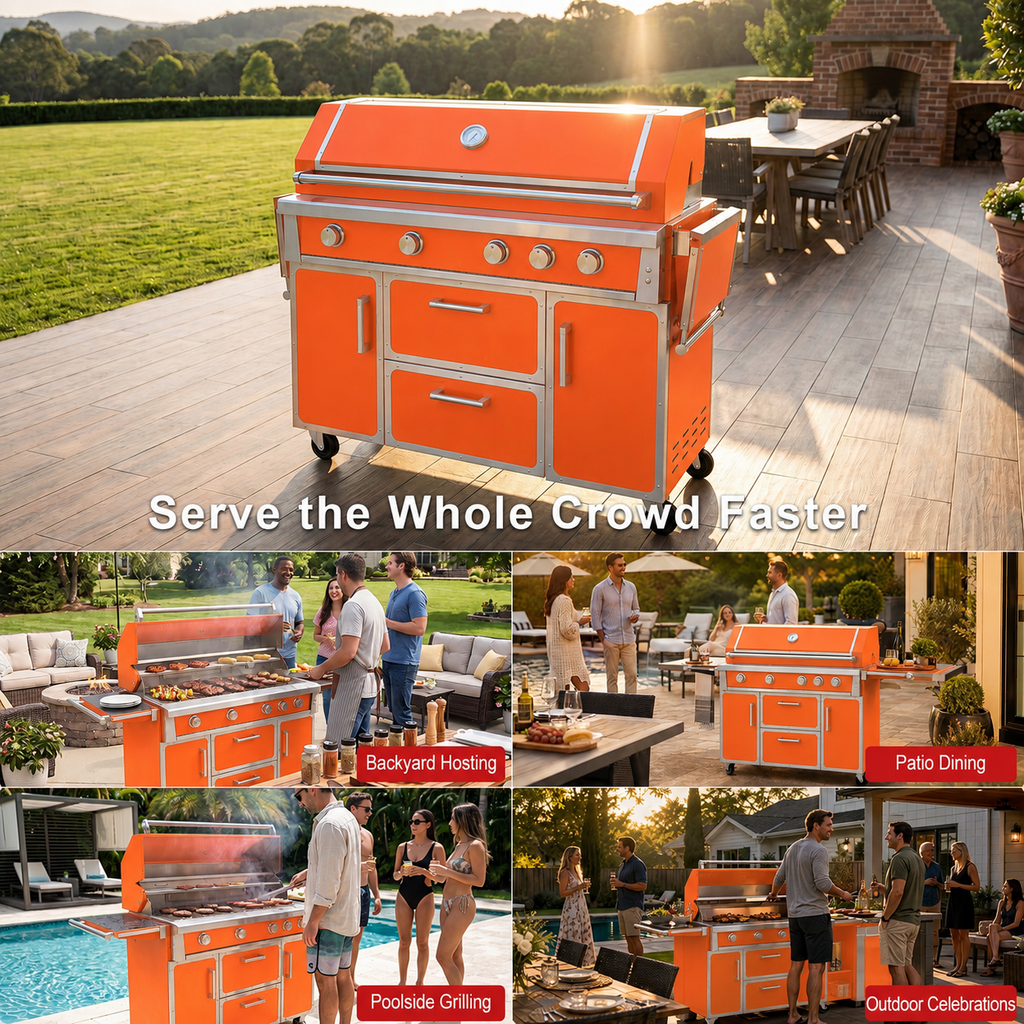 Orange outdoor kitchen island grill for backyard hosting and patio dining
