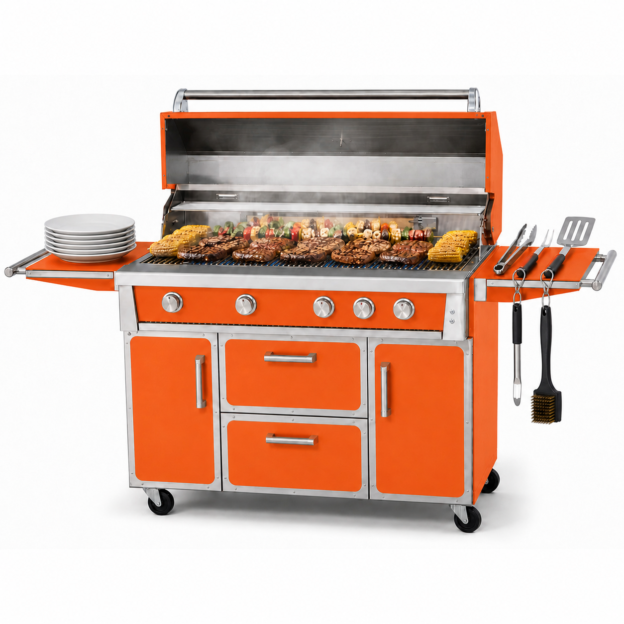 Orange 71-inch outdoor kitchen island grill open-lid main view