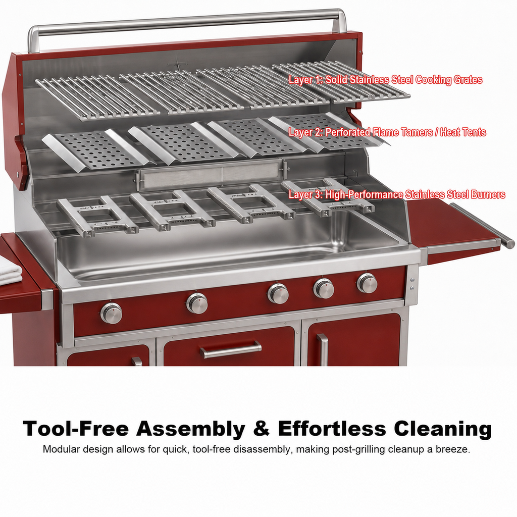 Red outdoor grill three-layer burner system and tool-free cleaning