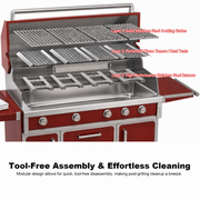 Red outdoor grill three-layer burner system and tool-free cleaning