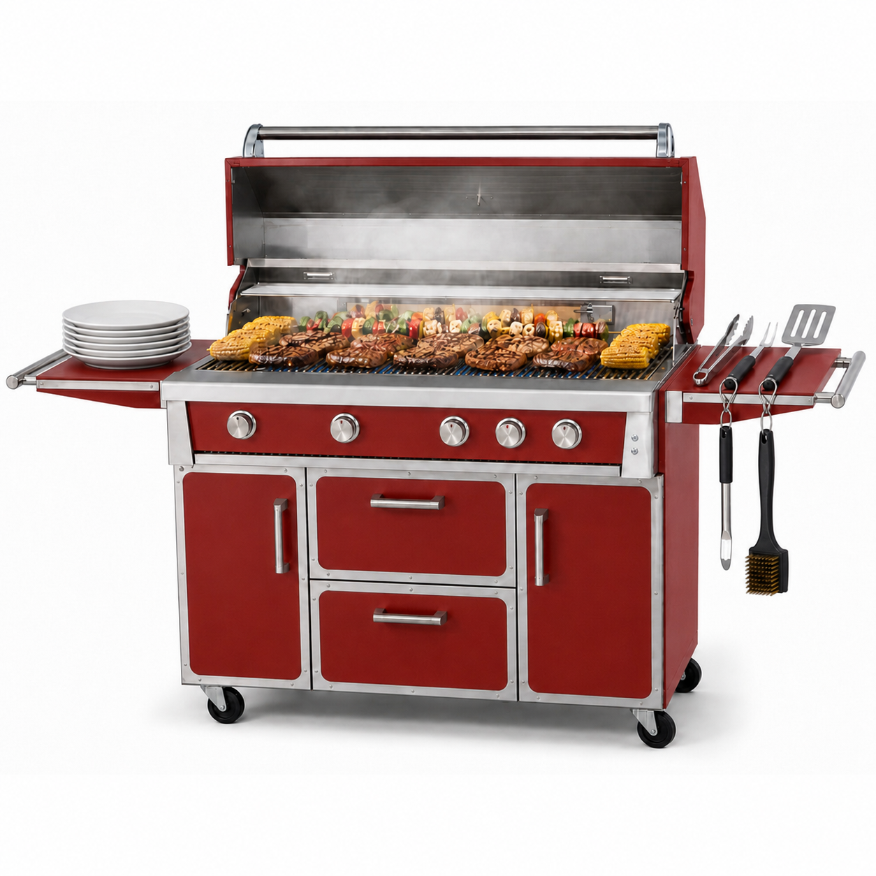 Red 71-inch outdoor kitchen island grill open-lid main view