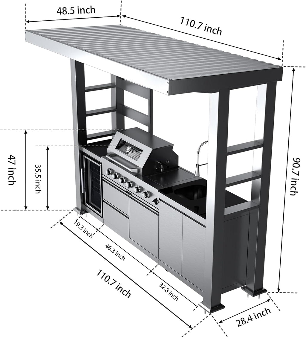 5-Burner Outdoor Kitchen Island with Refrigerator & Rotisserie