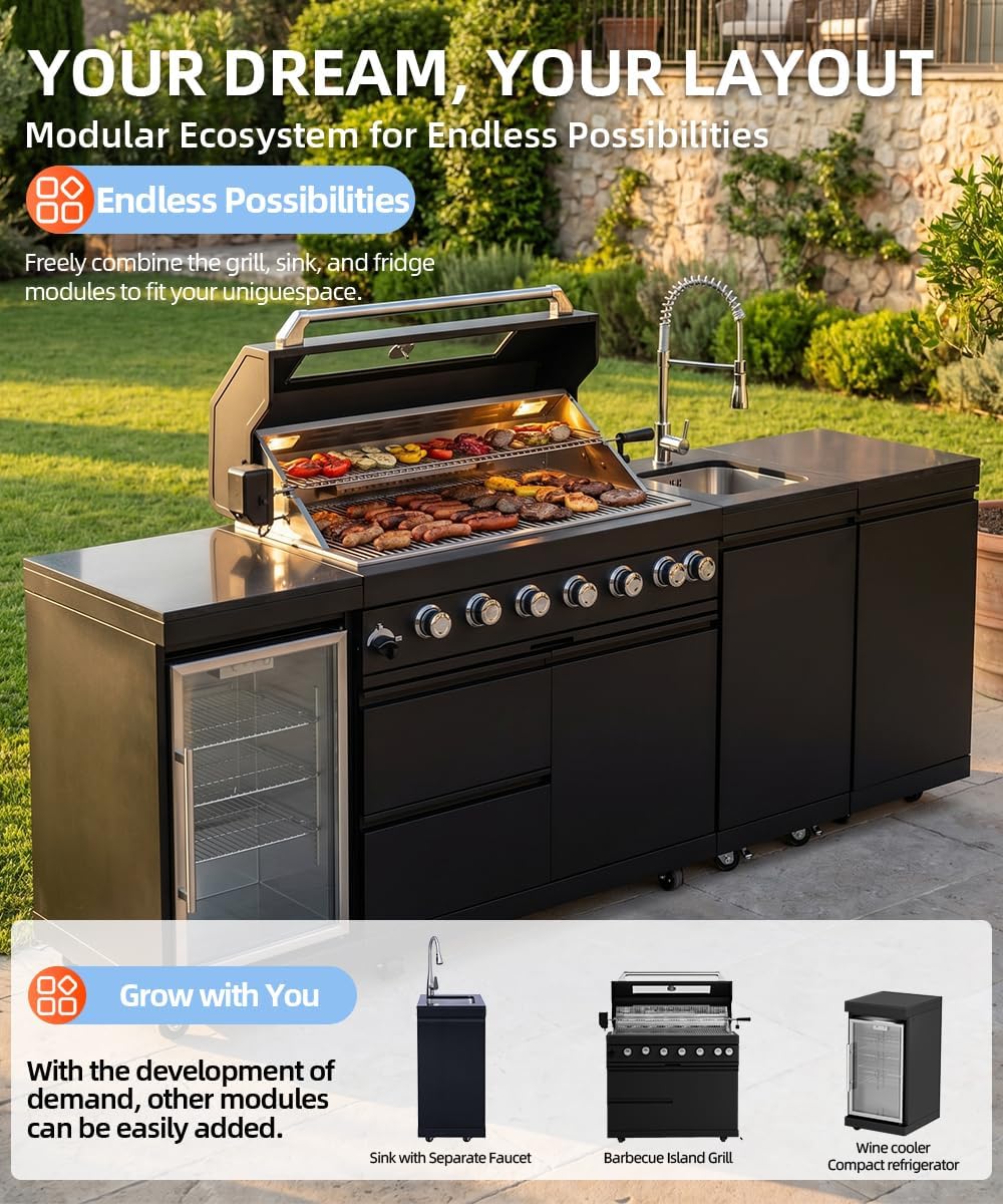 104" Outdoor Kitchen Island with Grill, Refrigerator & Rotisserie