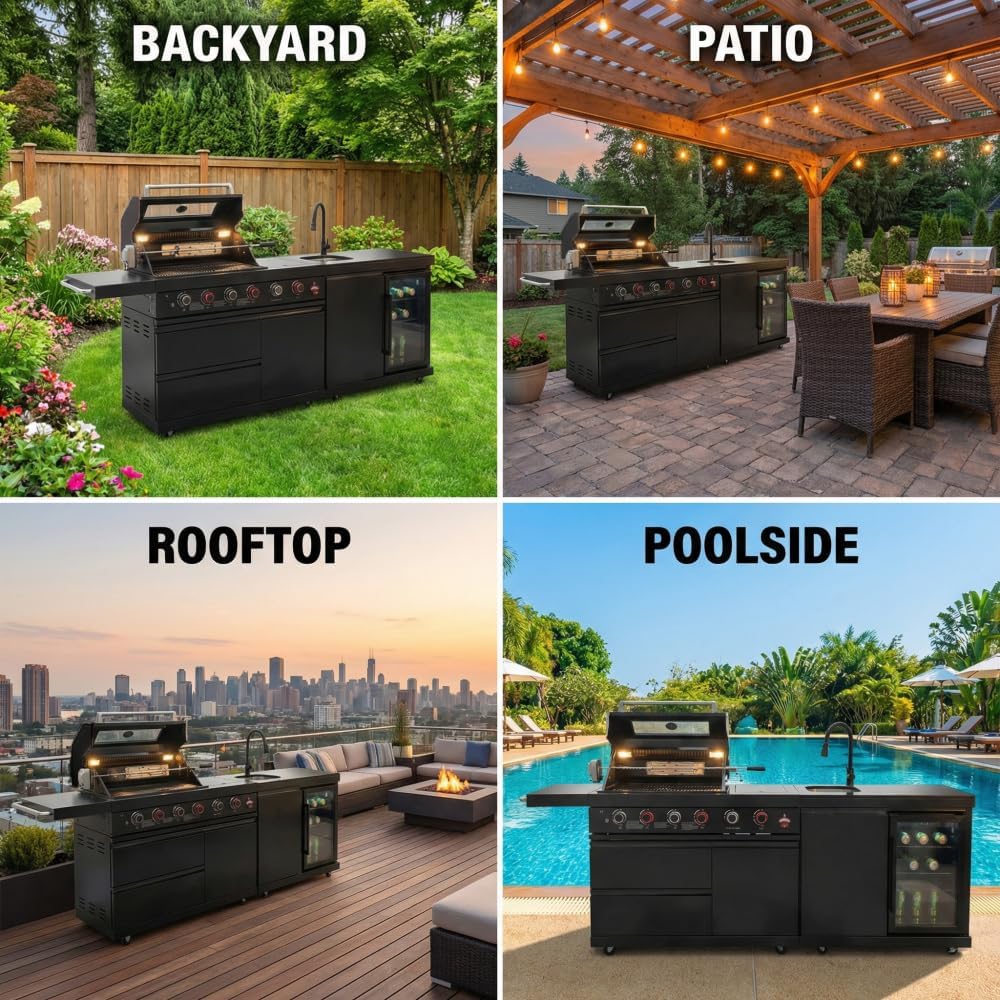 Compact BBQ Outdoor Kitchen Island with Rotisserie