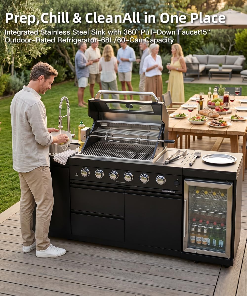 104" Outdoor Kitchen Island with Grill, Refrigerator & Rotisserie